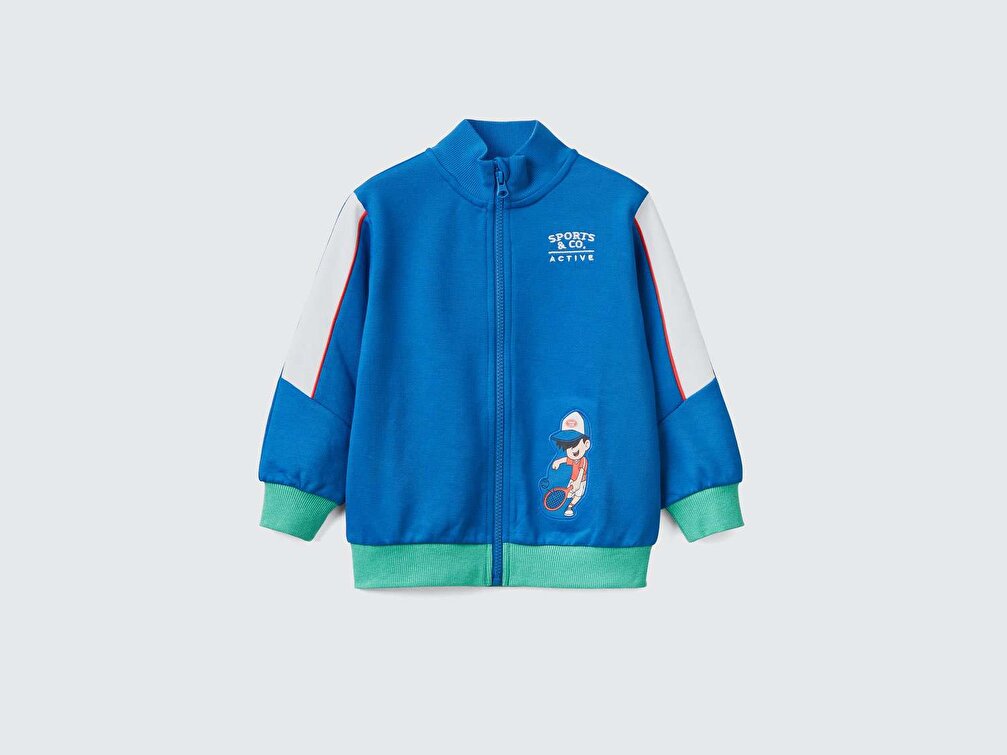 Benetton Erkek Çocuk Saks Mavi Renk Bloklu Patchwork İşlemeli Sweatshirt