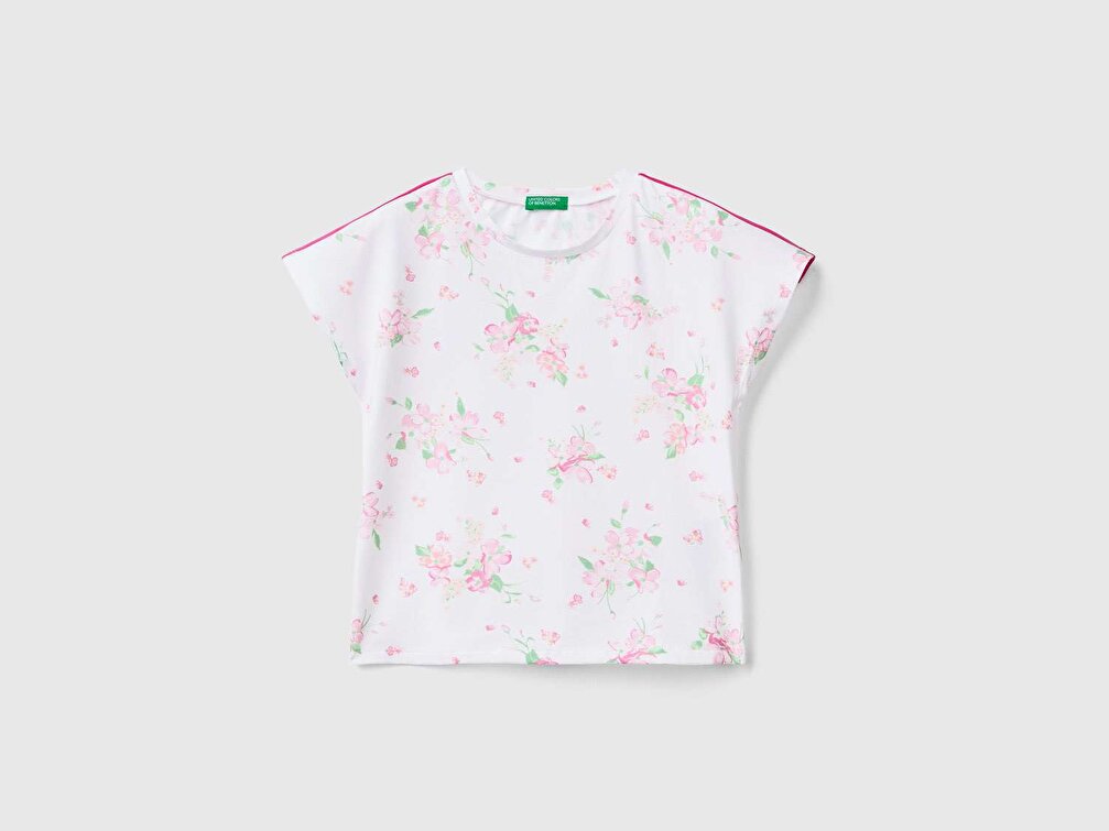 Benetton Kız Çocuk Mix Omzu Şerit Eklemeli Çiçek Desenli T-Shirt