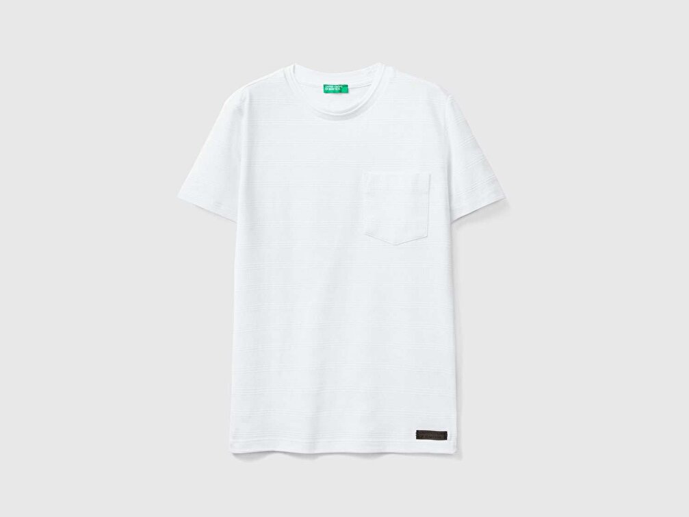 Benetton Erkek Çocuk Beyaz Kabartma Şeritli Cepli T-Shirt