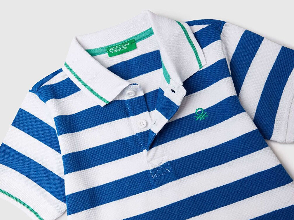 Benetton Erkek Çocuk Yeşil Kareli Logolu Çizgili Polo T-Shirt