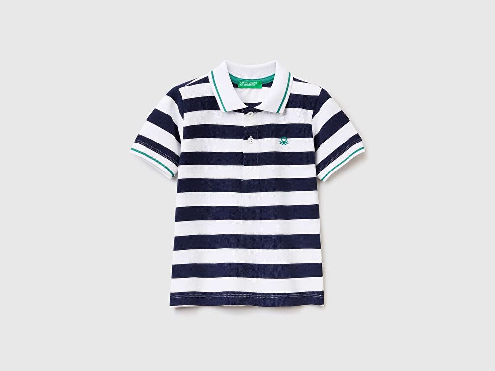 Benetton Erkek Çocuk Yeşil Logolu Çizgili Polo T-Shirt