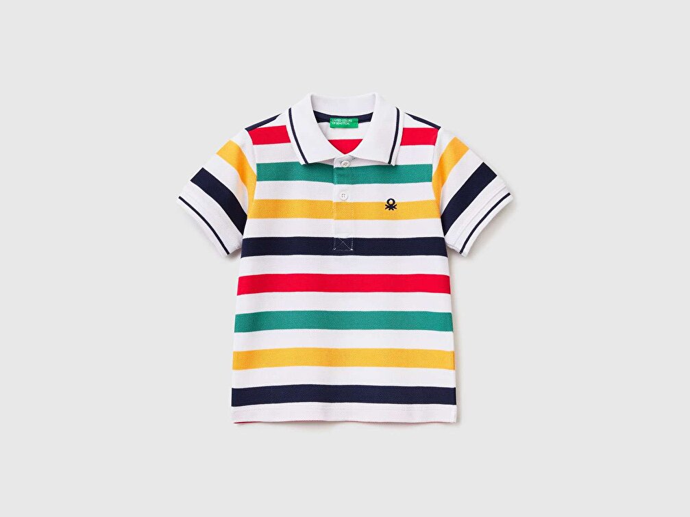 Benetton Erkek Çocuk Yeşil Mix Logolu Çizgili Polo T-Shirt