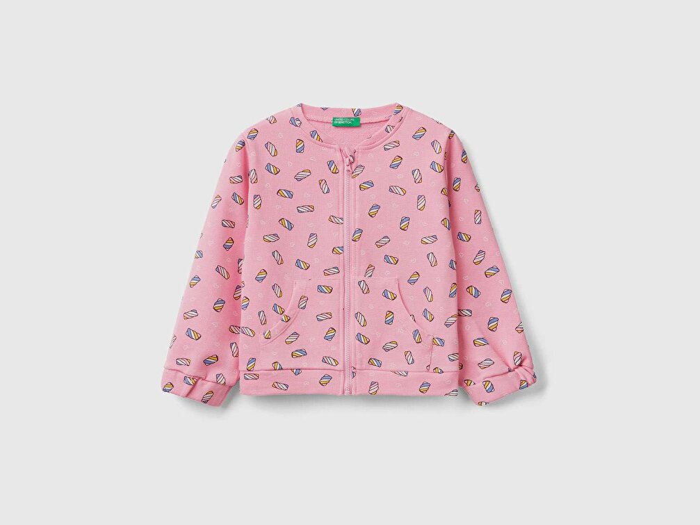 Benetton Kız Çocuk Mor Çiçekli Grafik Desenli Kese Cepli Sweatshirt