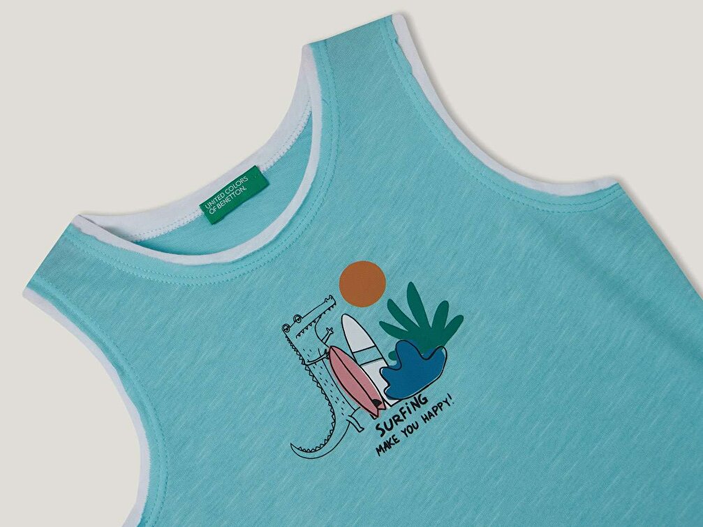 Benetton Erkek Çocuk Su Yeşili Grafik Baskılı Atlet