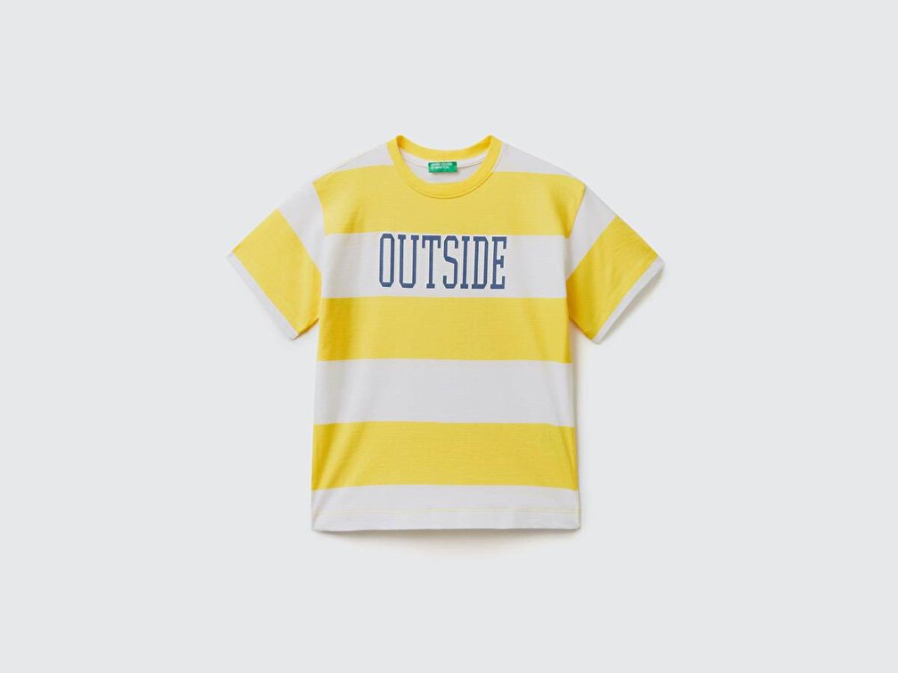 Benetton Erkek Çocuk Yeşil-Taba Su Baskılı Kalın Çizgili T-Shirt