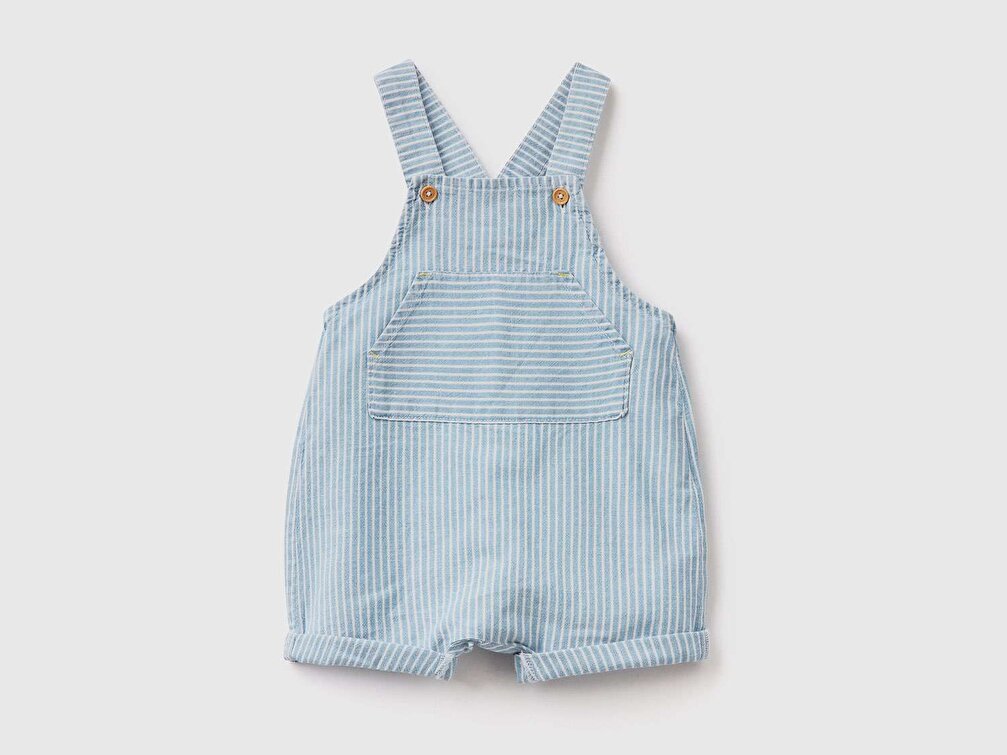 Benetton Bebek Zürafa Desenli Etiket Logolu Kanguru Cepli Çizgili Denim Salopet