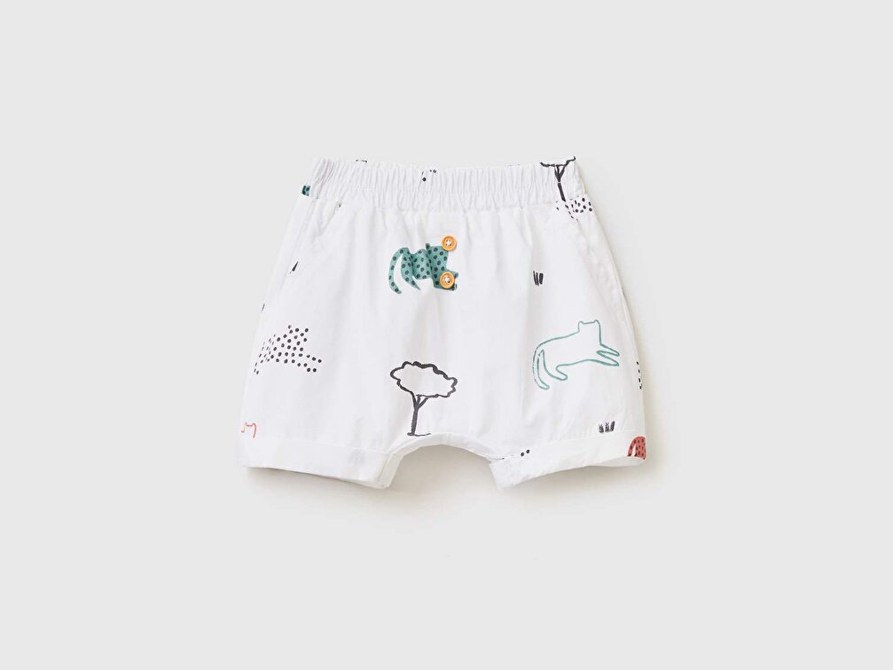Benetton Bebek Yeşil Çiçekli Etiket Logolu Hayvan Desenli Bermuda Şort