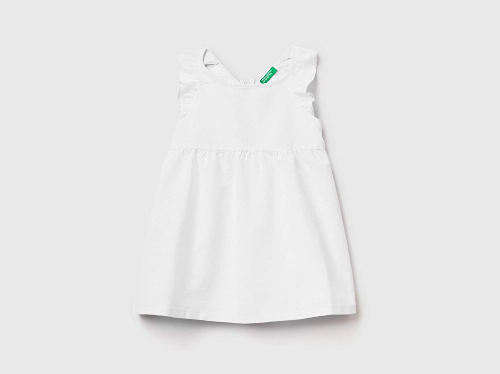 Benetton Kız Çocuk Beyaz Fırfır Detaylı Düz Elbise