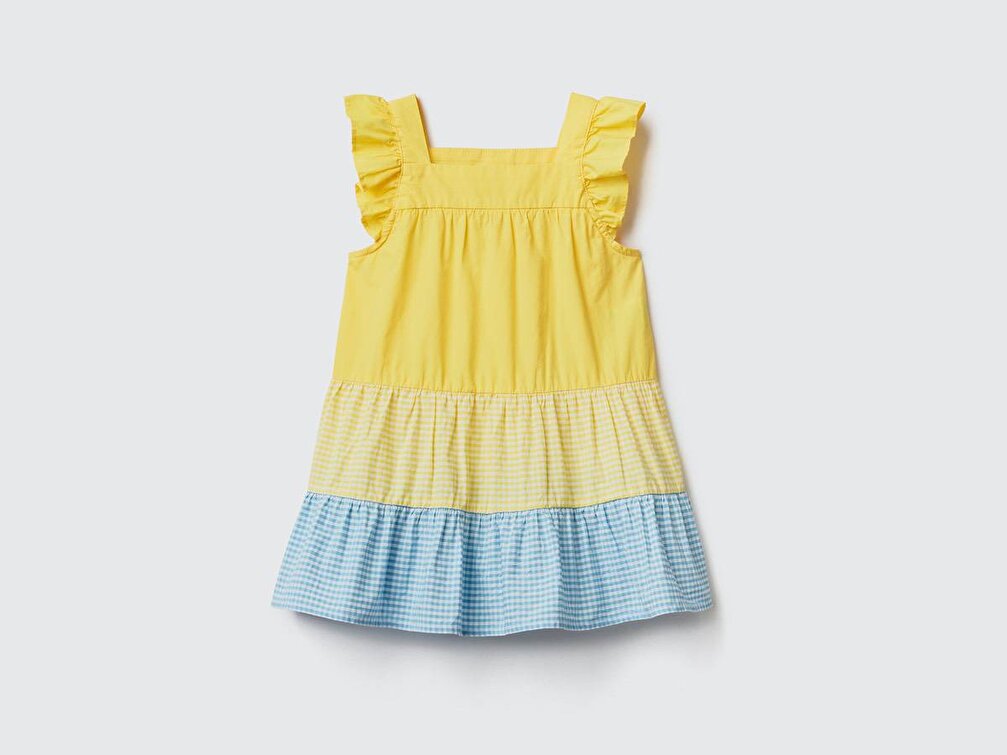 Benetton Kız Çocuk Sarı Kolu Fırfırlı Renk Bloklu Vichy Elbise