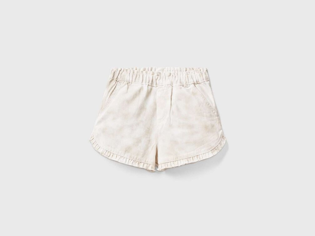 Benetton Kız Çocuk Vanilya Batik Efektli Jean Şort