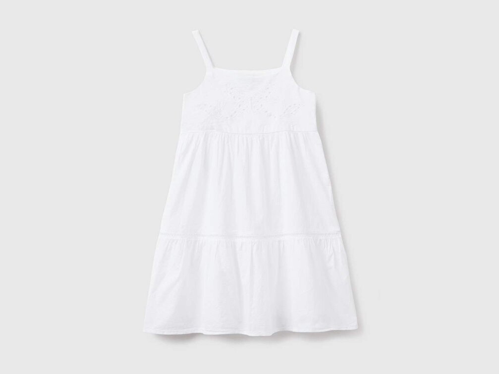 Benetton Kız Çocuk Beyaz Üst Kısmı İşlemeli Müslin Elbise