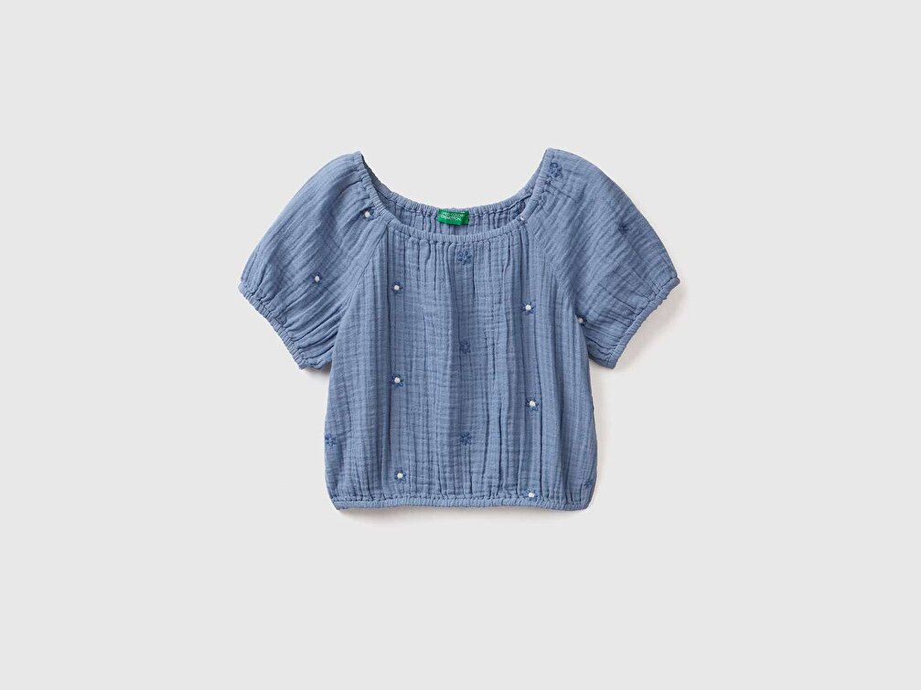Benetton Kız Çocuk Mavi İşlemeli Bluz