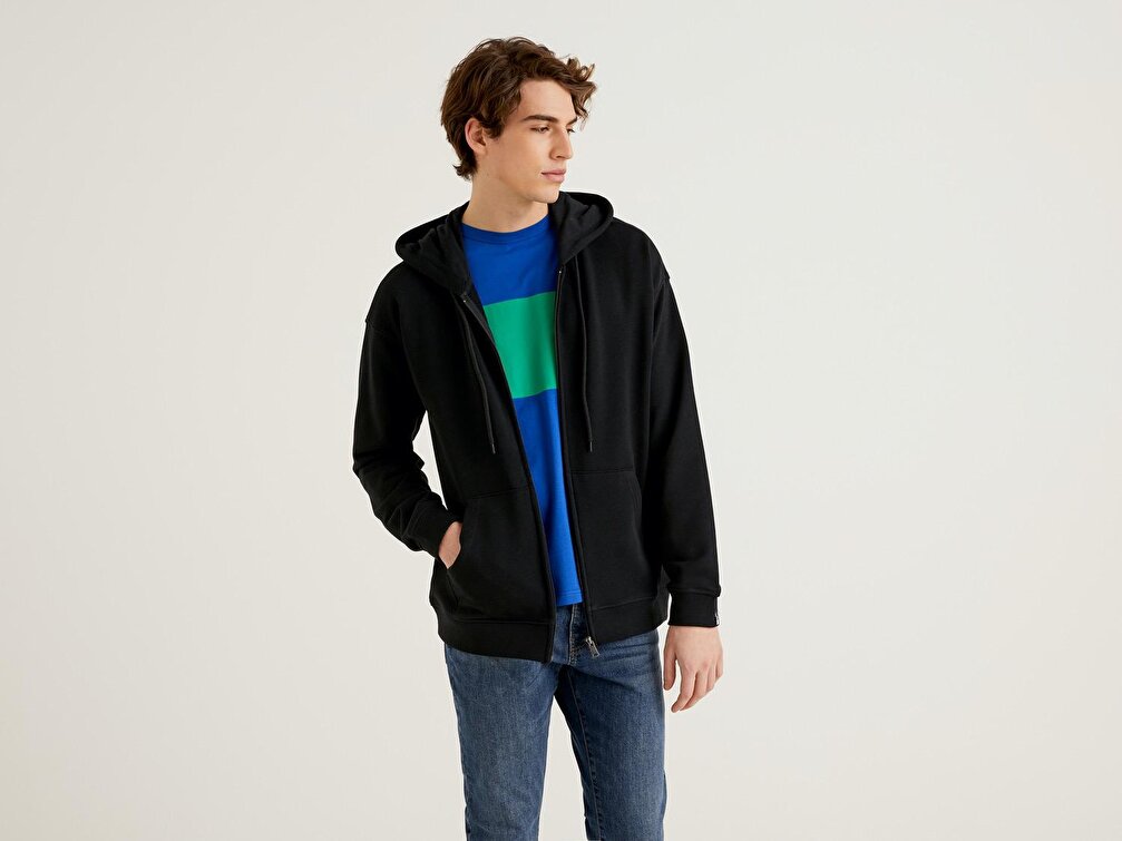 Benetton Erkek Siyah Kapüşonlu Fermuarlı Sweatshirt