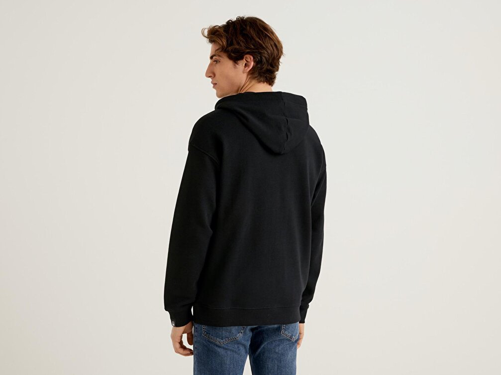 Benetton Erkek Siyah Kapüşonlu Fermuarlı Sweatshirt