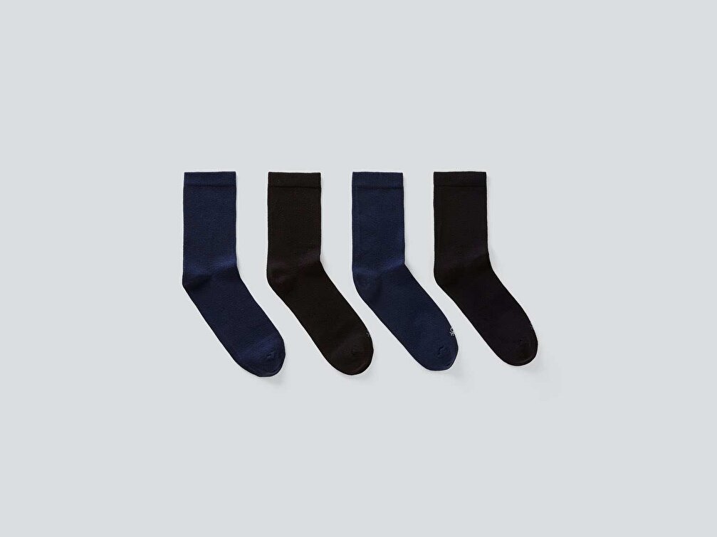 Benetton Unisex Yeşil-Taba 4lü Logolu Düz Soket Çorap