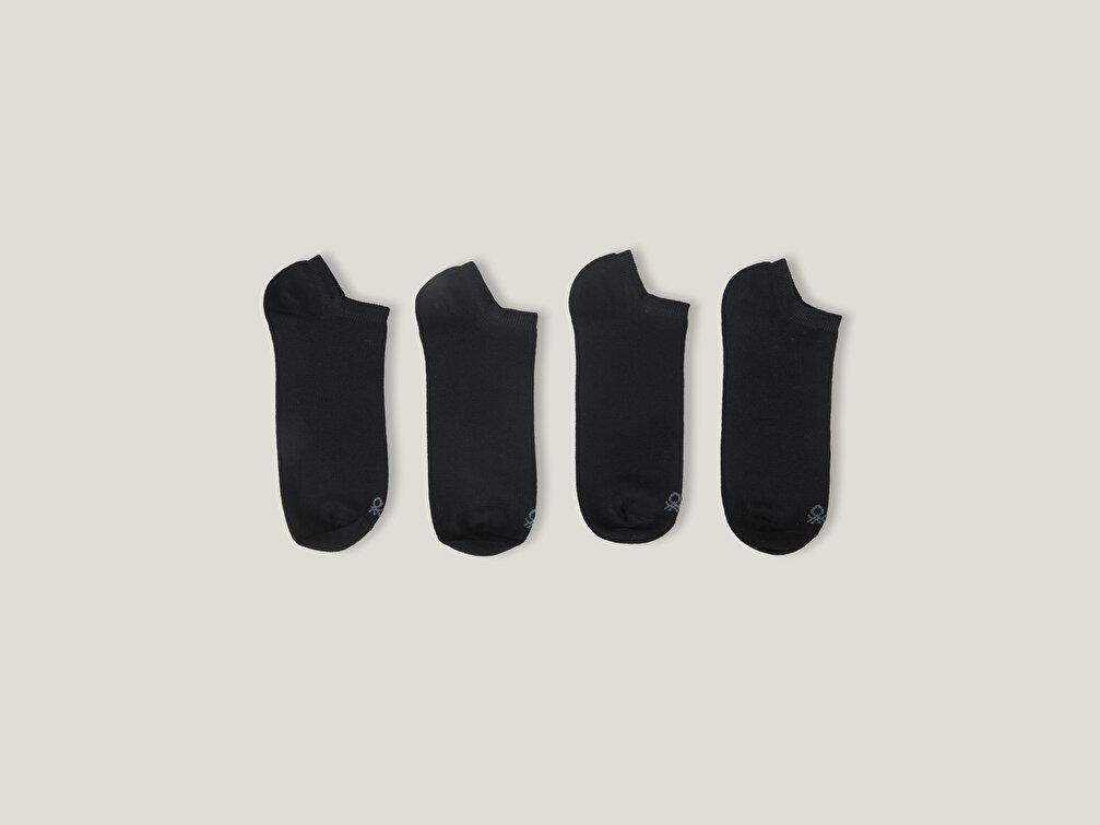 Benetton Unisex Siyah 4lü Logolu Düz Patik Çorap
