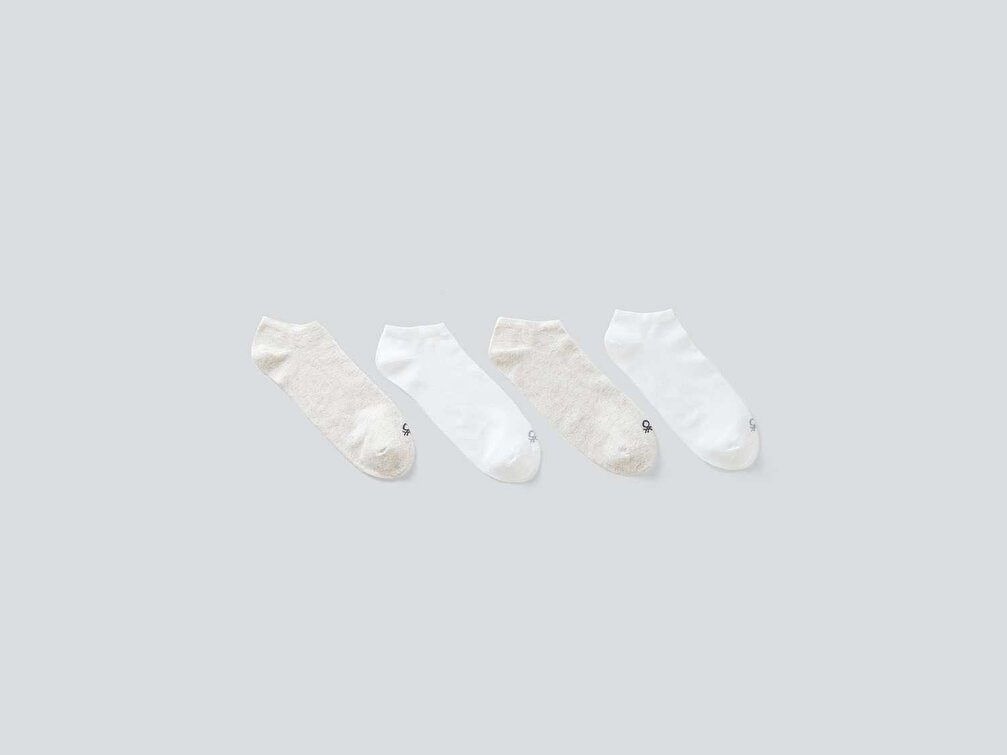 Benetton Unisex Beyaz Mix 4lü Logolu Düz Patik Çorap