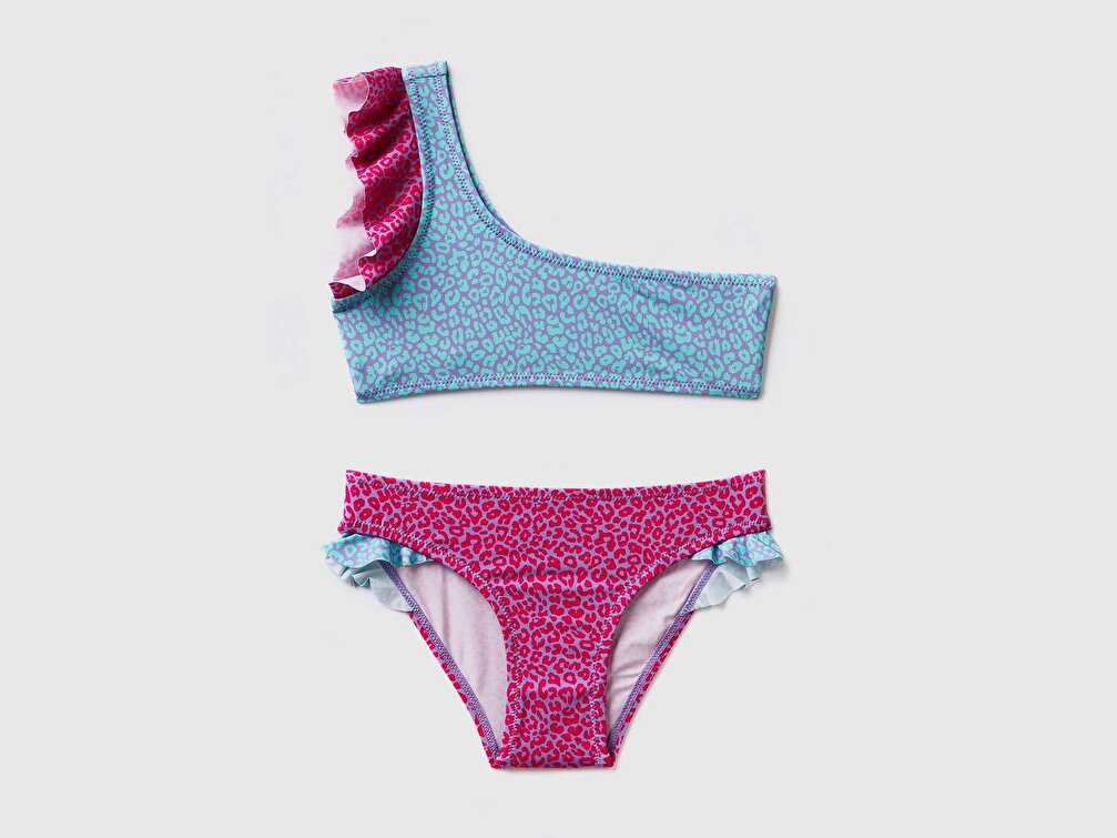 Benetton Kız Çocuk Gül Rengi Mix Tek Omuzlu Fırfır Detaylı Bikini Takımı