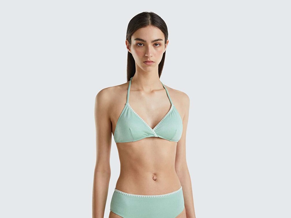 Benetton Kadın Soluk Deniz Yeşili Lurexli Dantel Detaylı Bikini Üst