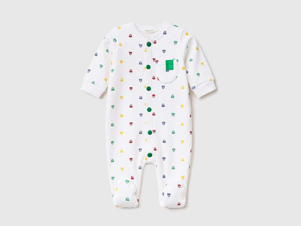 Benetton Bebek Beyaz Mix Yakası Cepli Desenli Tulum