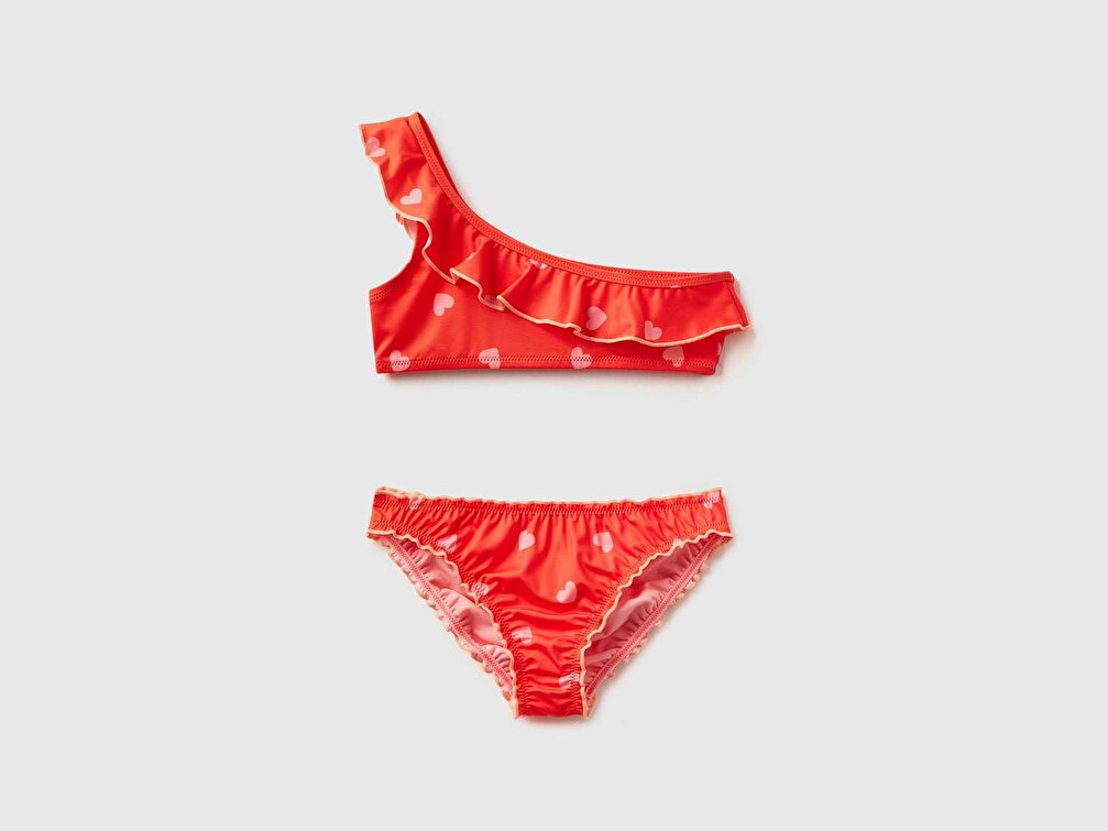 Benetton Kız Çocuk Pembe Tek Omuzlu Kalp Desenli Bikini Takımı