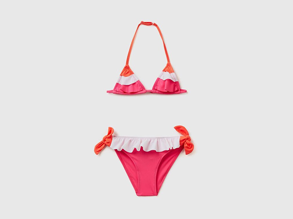 Benetton Kız Çocuk Gül Rengi Fırfır Detaylı Geniş Üçgen Bikini Takımı
