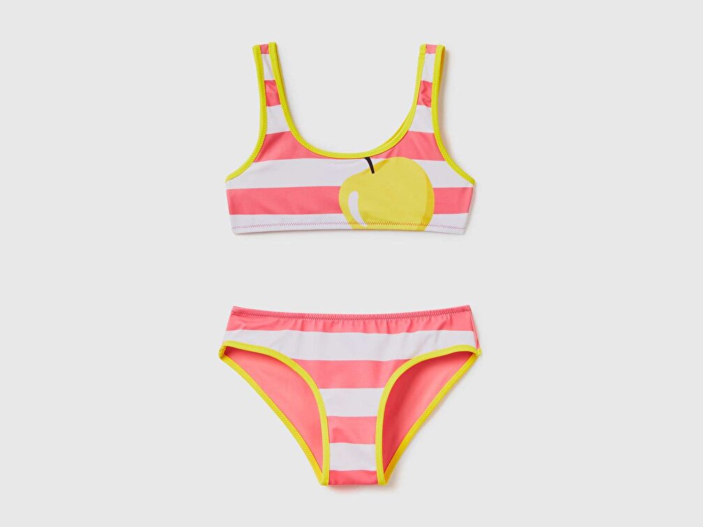 Benetton Kız Çocuk Zürafa Desenli Meyve Desenli Çizgili Bikini Takımı