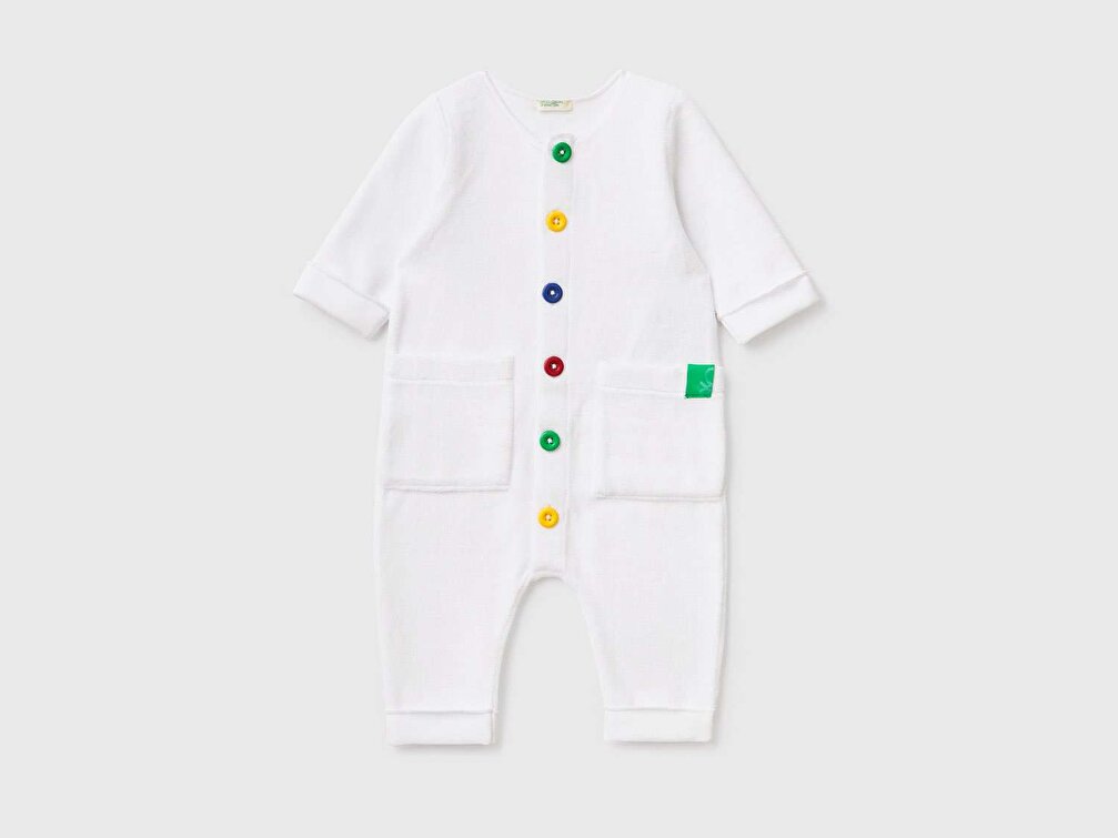 Benetton Bebek Beyaz Düğmeli Cepli Tulum