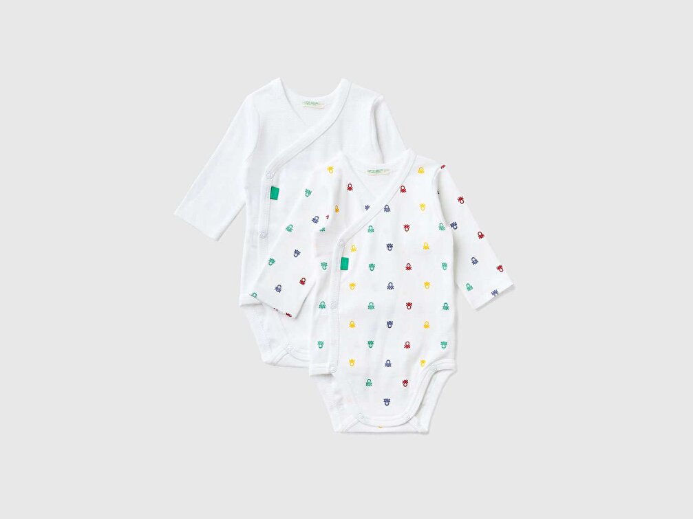 Benetton Bebek Beyaz Mix Desenli V Yaka 2'li Tulum