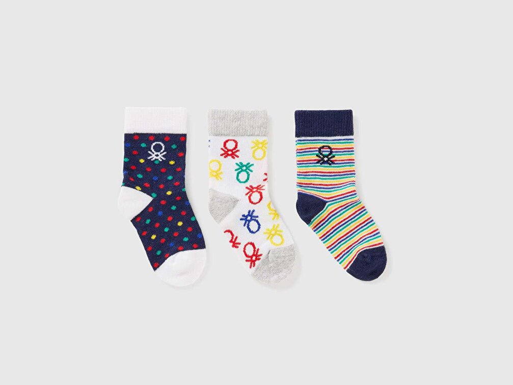 Benetton Bebek Multi Düz 3lü Desenli Soket Çorap