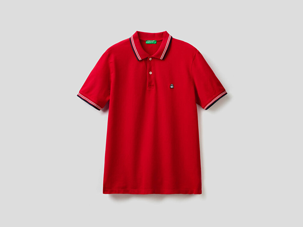 Benetton Erkek Kırmızı Kol ve Yaka Ucu Çizgili Polo