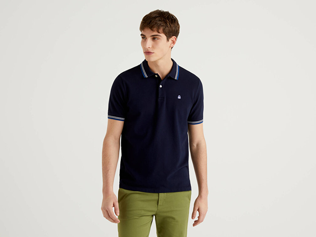 Benetton Erkek Lacivert Kol ve Yaka Ucu Çizgili Polo