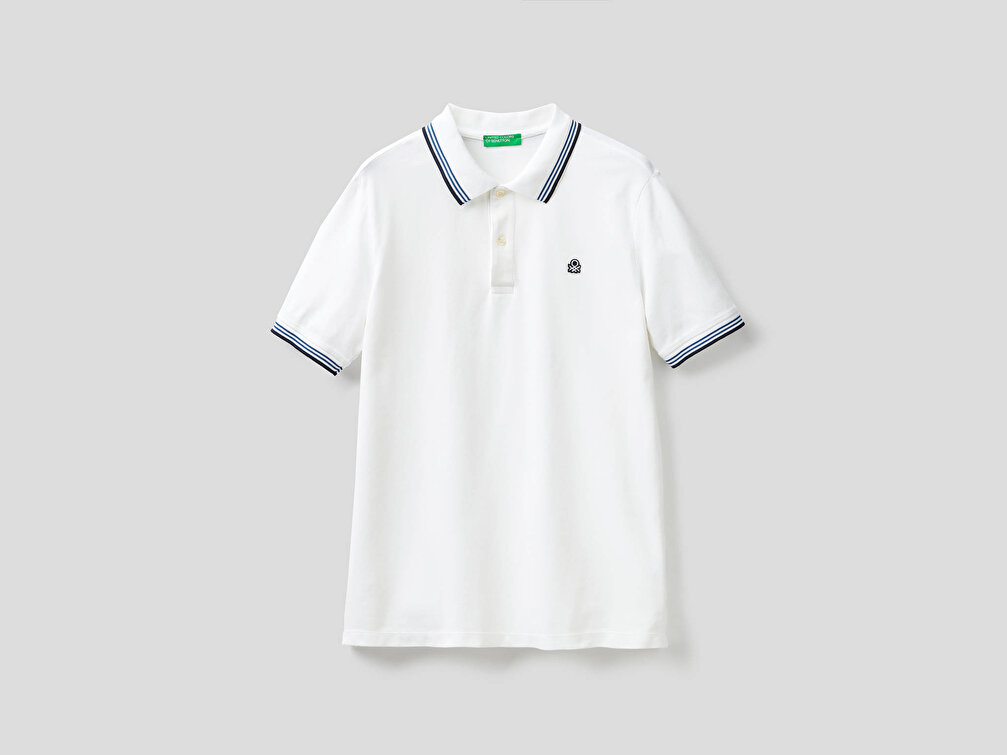 Benetton Erkek Beyaz Kol ve Yaka Ucu Çizgili Polo
