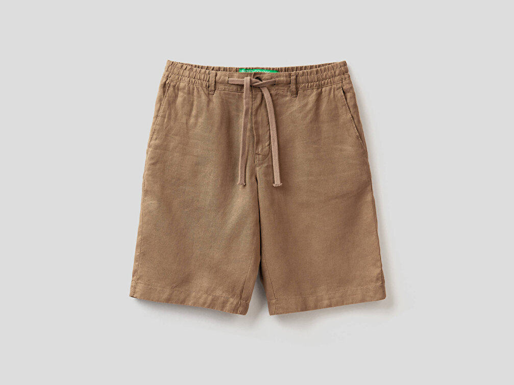 Benetton Erkek Vizon Bağcıklı Keten Bermuda