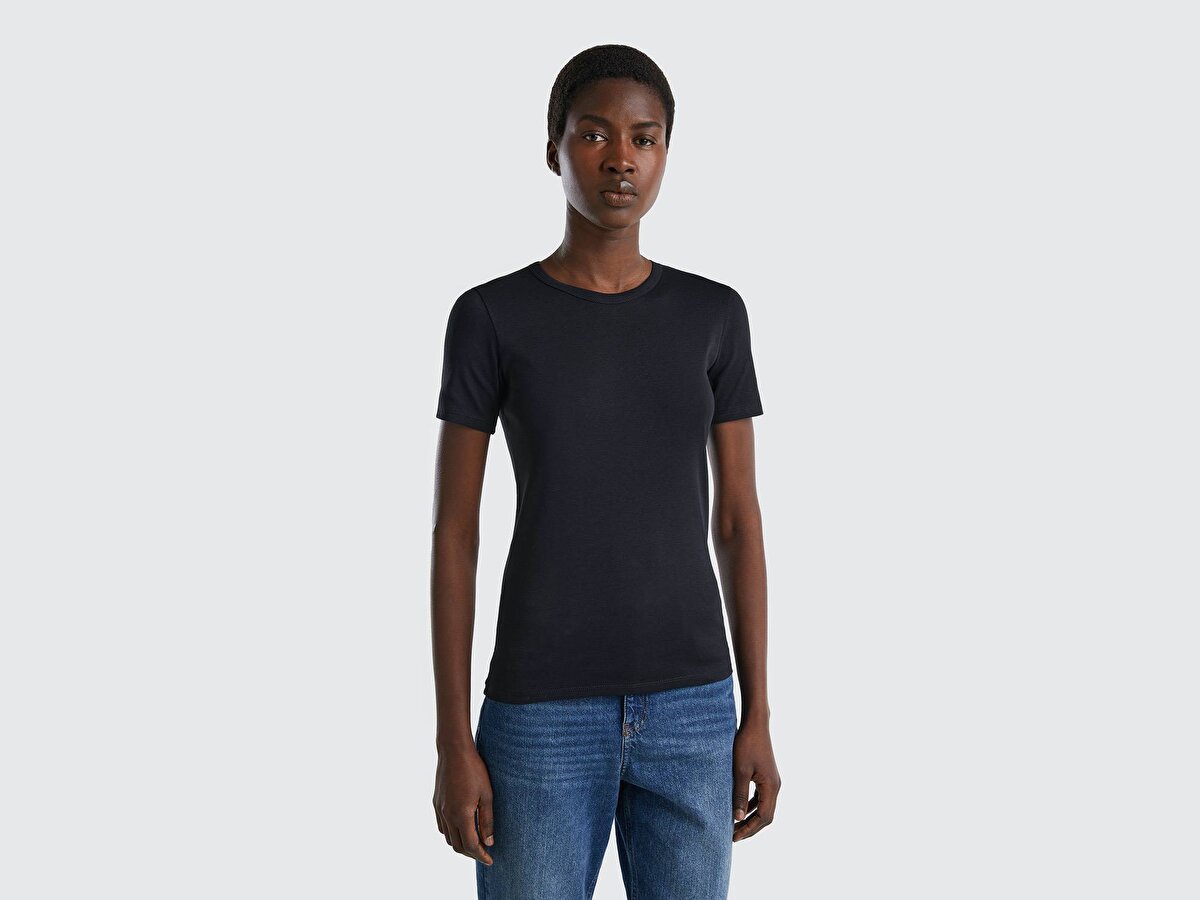 Kadın Siyah Basic Kısa Kollu Bisiklet Yaka Tshirt