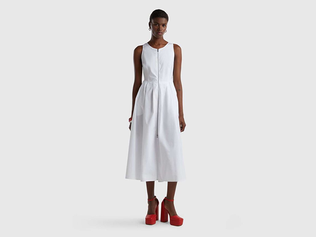 Kadın Beyaz Önden Fermuarlı Uzun Popline Elbise