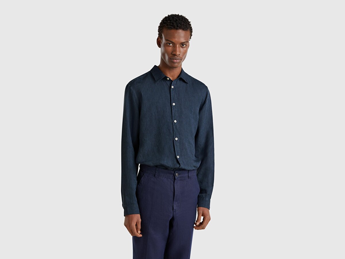 Erkek Lacivert %100 Keten Gömlek