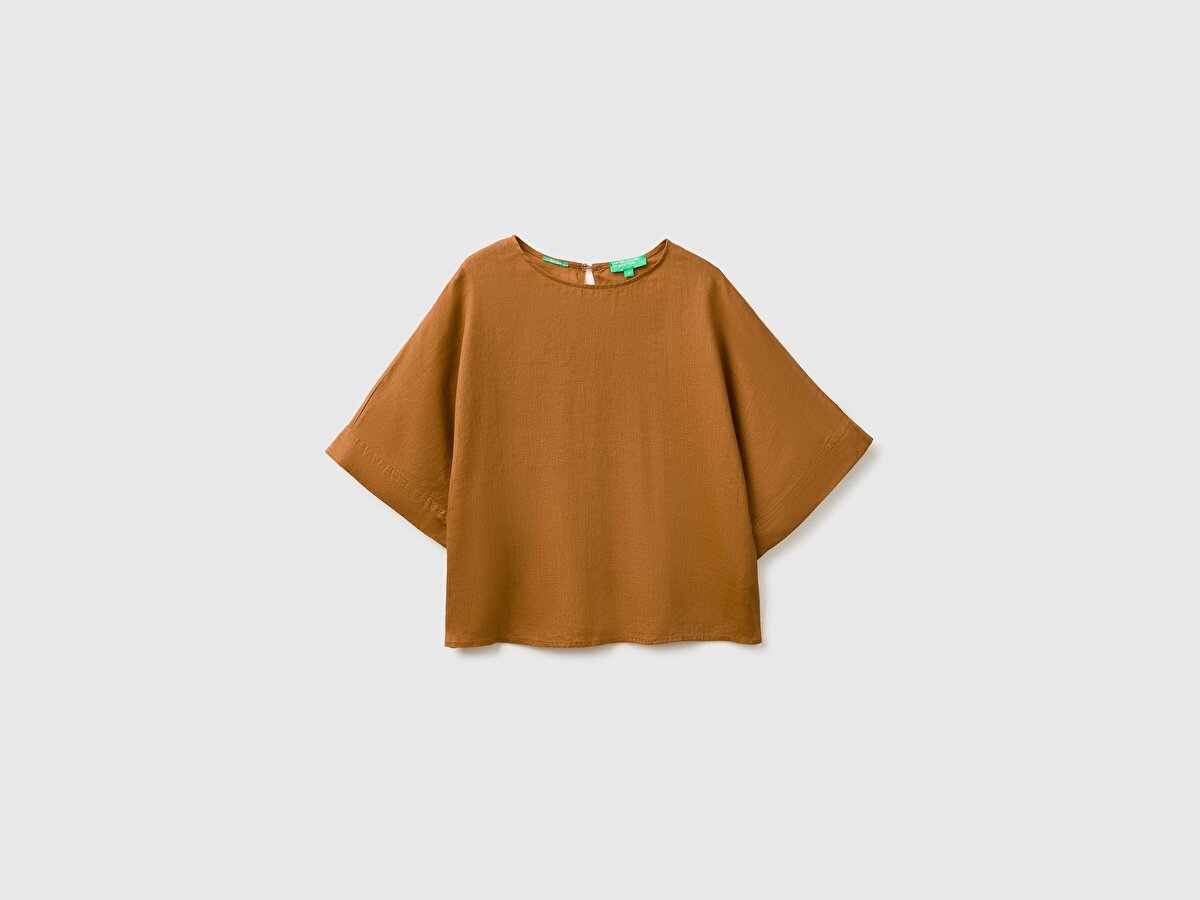 Kadın Kahverengi %100 Keten Kimono Kol Bluz