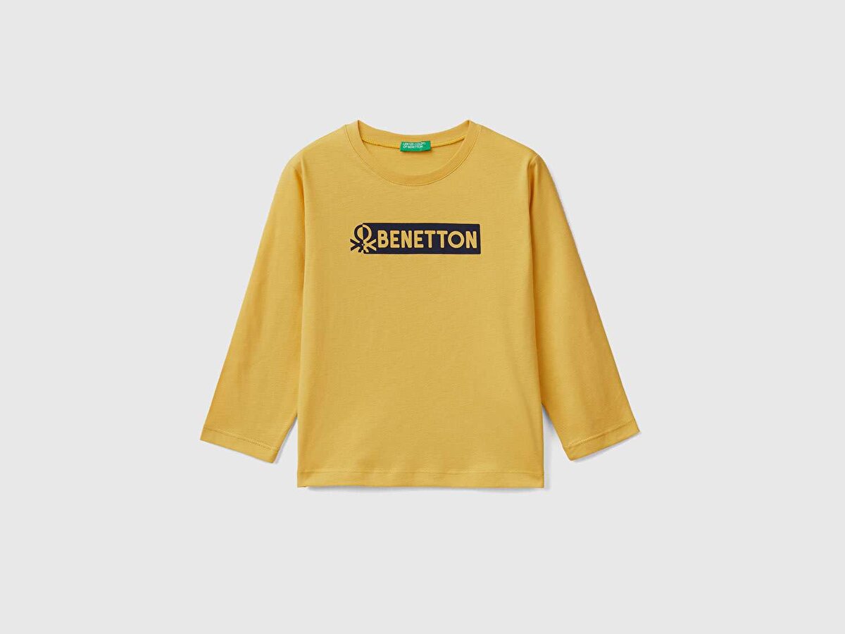 Erkek Çocuk Hardal Sarı Benetton Yazılı T-Shirt