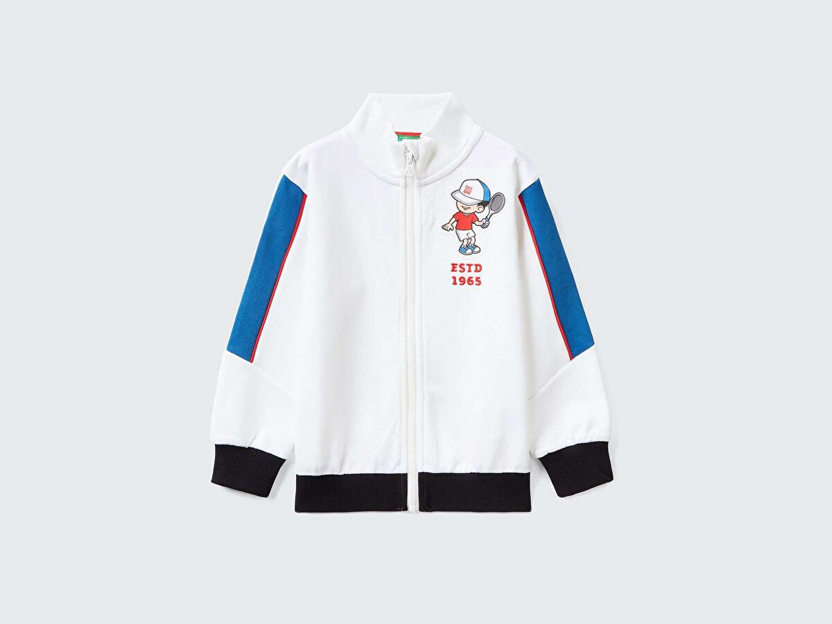 Erkek Çocuk Beyaz Renk Bloklu Patchwork İşlemeli Sweatshirt