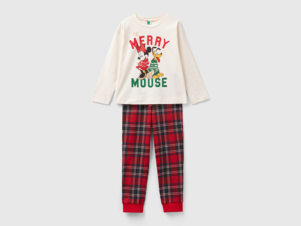 Kız Çocuk Krem Mickey Baskılı Ekoseli Pijama Takımı