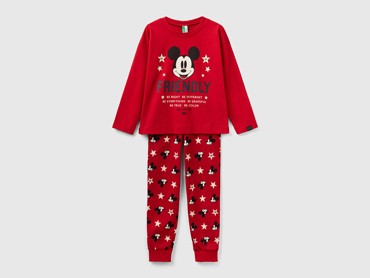 Kız Çocuk Kırmızı Mickey Baskılı Ekoseli Pijama Takımı