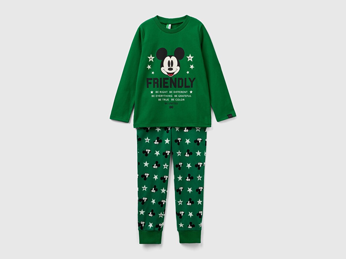 Erkek Çocuk Yeşil Mickey Baskılı Ekoseli Pijama Takımı