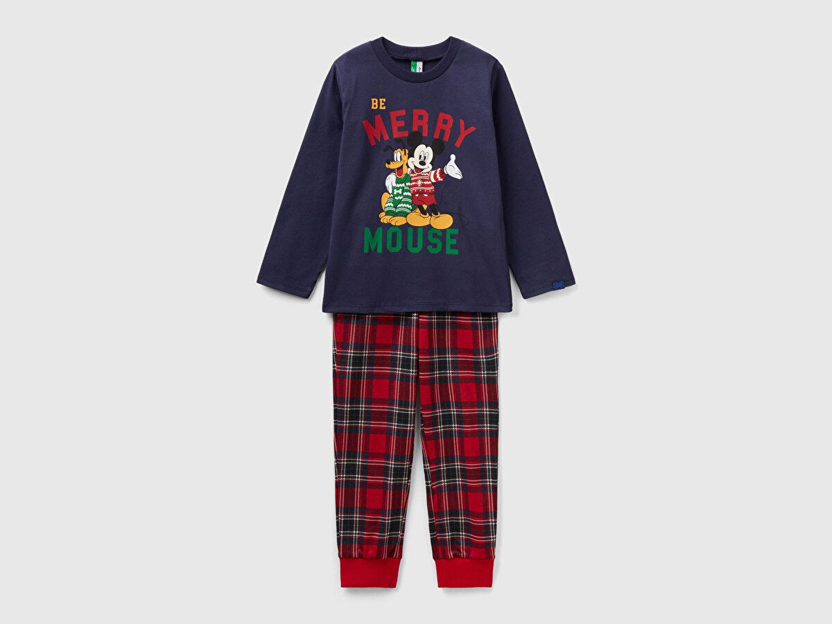 Erkek Çocuk Lacivert Mickey Baskılı Ekoseli Pijama Takımı