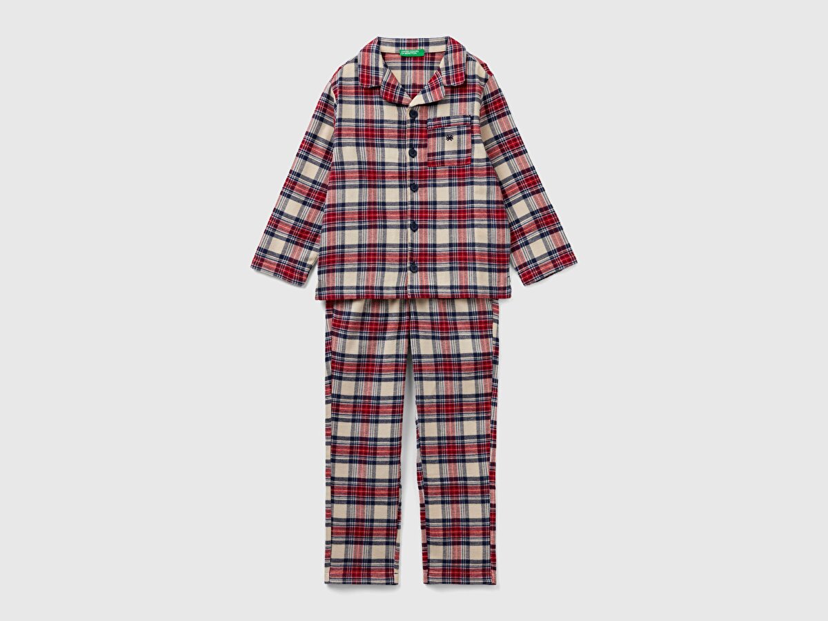Erkek Çocuk Kırmızı Mix Ekose Desenli Düğmeli Pijama Takımı