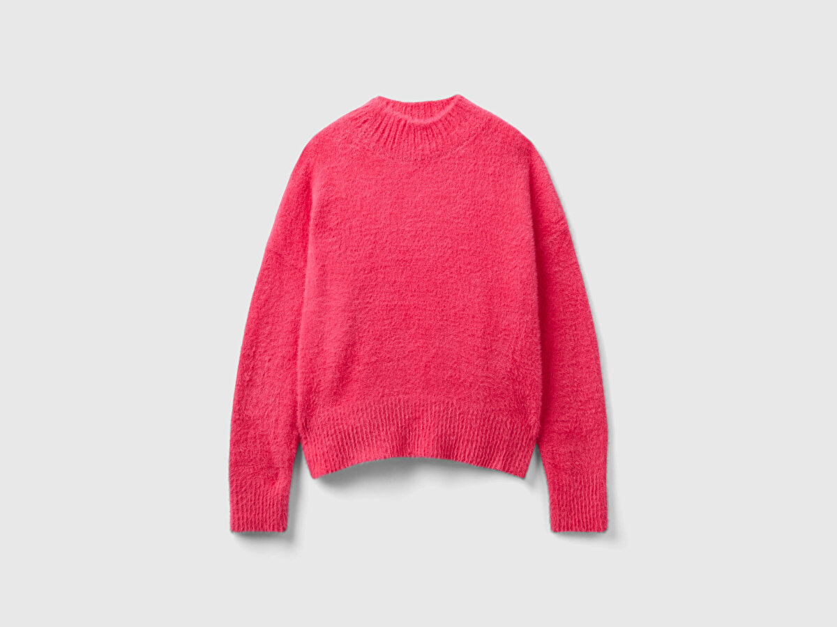 Kız Çocuk Pembe Balıkçı Yaka Düşük Omuzlu Crop Kazak