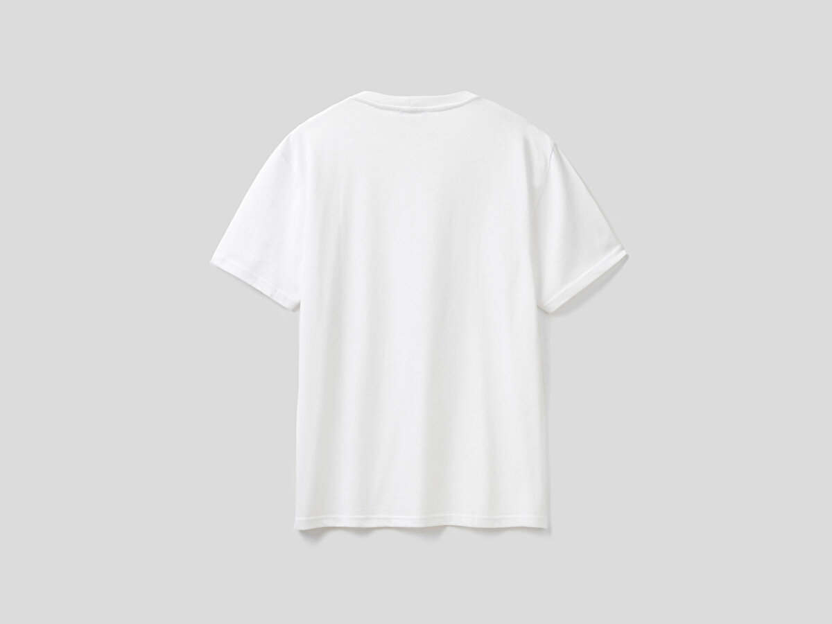 Erkek Beyaz %100 Koton Benetton Logolu Bisiklet Yaka T-Shirt