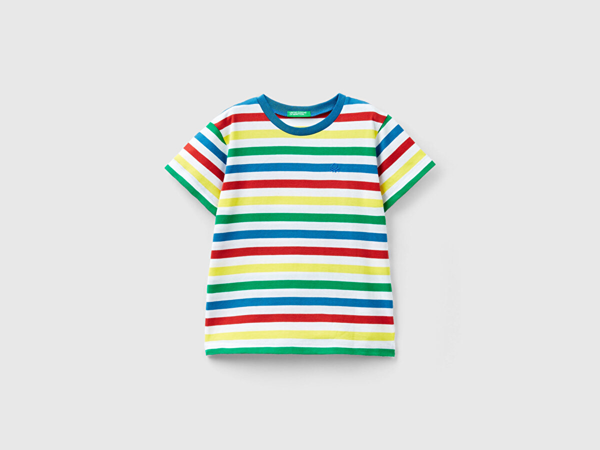 Erkek Çocuk Renkli Mix Sol Göğsü Logolu İnce Yatay Çizgili Bisiklet Yaka T-Shirt