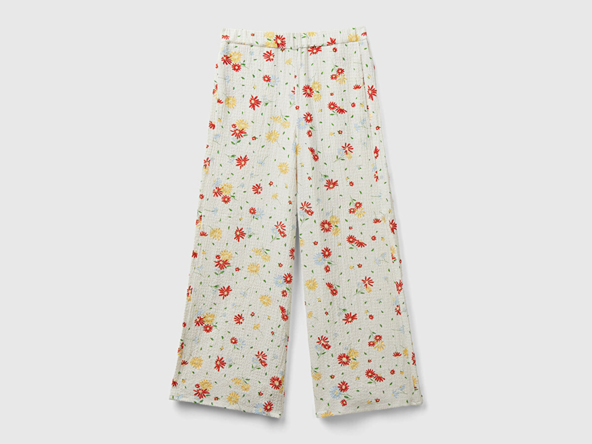 Kız Çocuk Krem Mix Beli Lastikli Tamamı Desenli Geniş Paça Pantolon