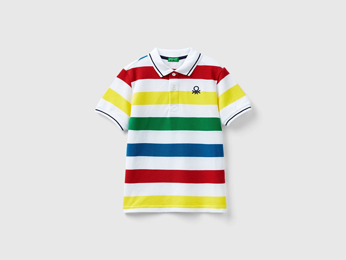 Erkek Çocuk Renkli Mix Logo İşlemeli Çizgili Pike Polo T-Shirt